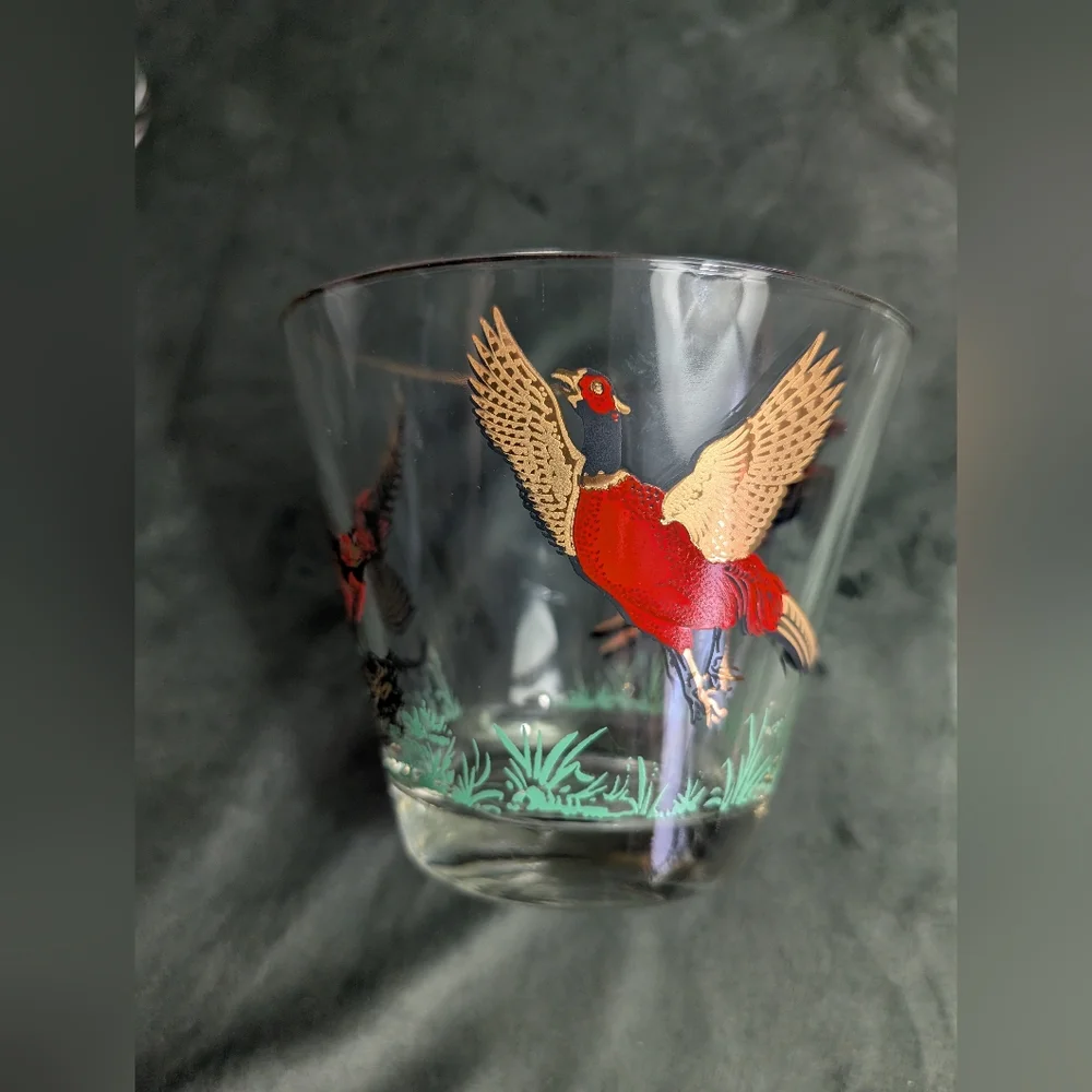 Hazel Atlas Pheasant VINTAGE Ice Bucket & Cocktail Glasses MCM Glass